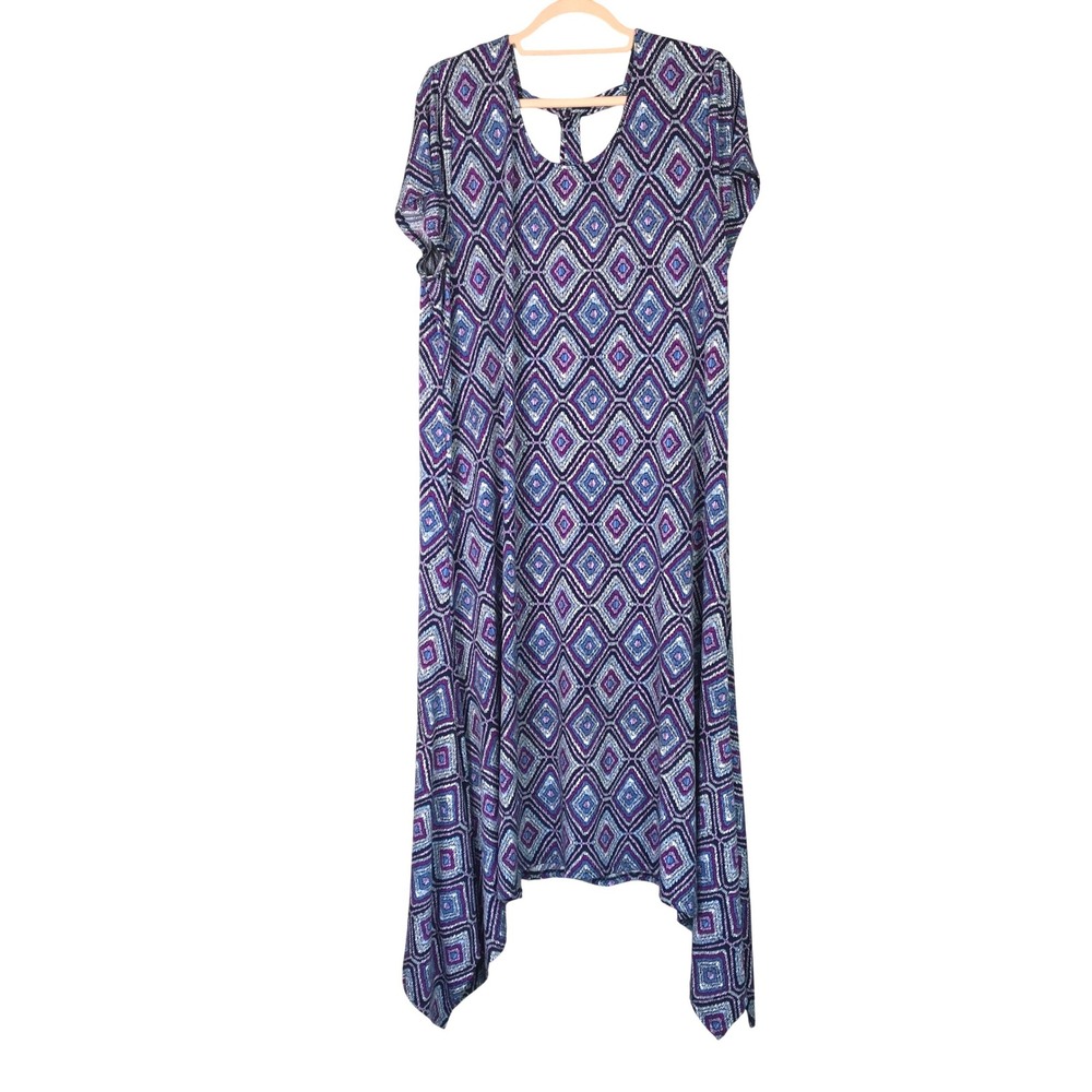 Chico's Diamond Ikat Sharkbite Hem Maxi Dress 3 Purple Blue Geometric Keyhole